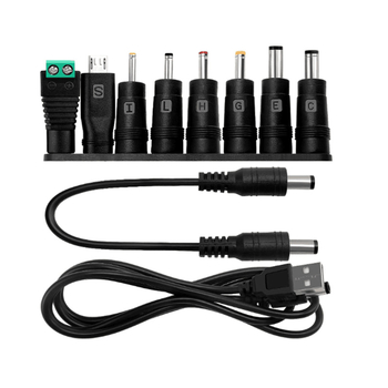 8 adapterrel ellátott USB-tól DC-ig tápegység-kábel, DC 5.5×2.1 mm, USB hossz 1 m + DC vezeték 26 cm