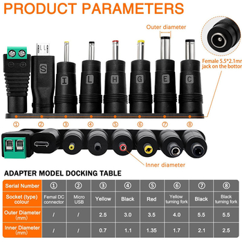 8 adapterrel ellátott USB-tól DC-ig tápegység-kábel, DC 5.5×2.1 mm, USB hossz 1 m + DC vezeték 26 cm