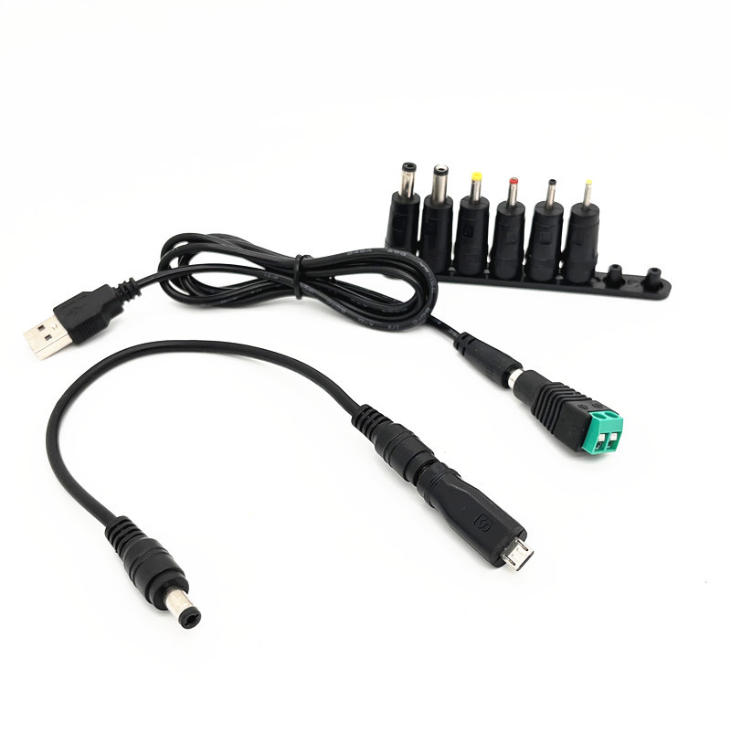 8 adapterrel ellátott USB-tól DC-ig tápegység-kábel, DC 5.5×2.1 mm, USB hossz 1 m + DC vezeték 26 cm