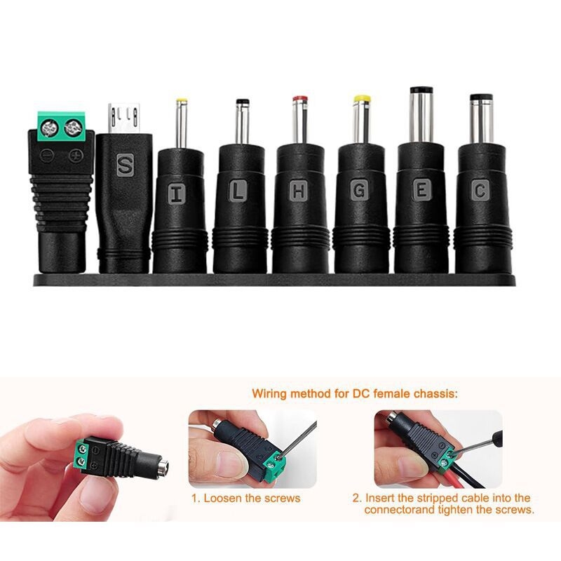 8 adapterrel ellátott USB-tól DC-ig tápegység-kábel, DC 5.5×2.1 mm, USB hossz 1 m + DC vezeték 26 cm