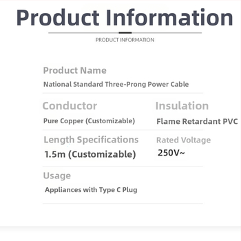 CCC sertifikuotas maitinimo laidas su PVC izoliacija, GB nacionalinis standartas, 3 laidų kabelis su trim kaiščiais pabaiga
