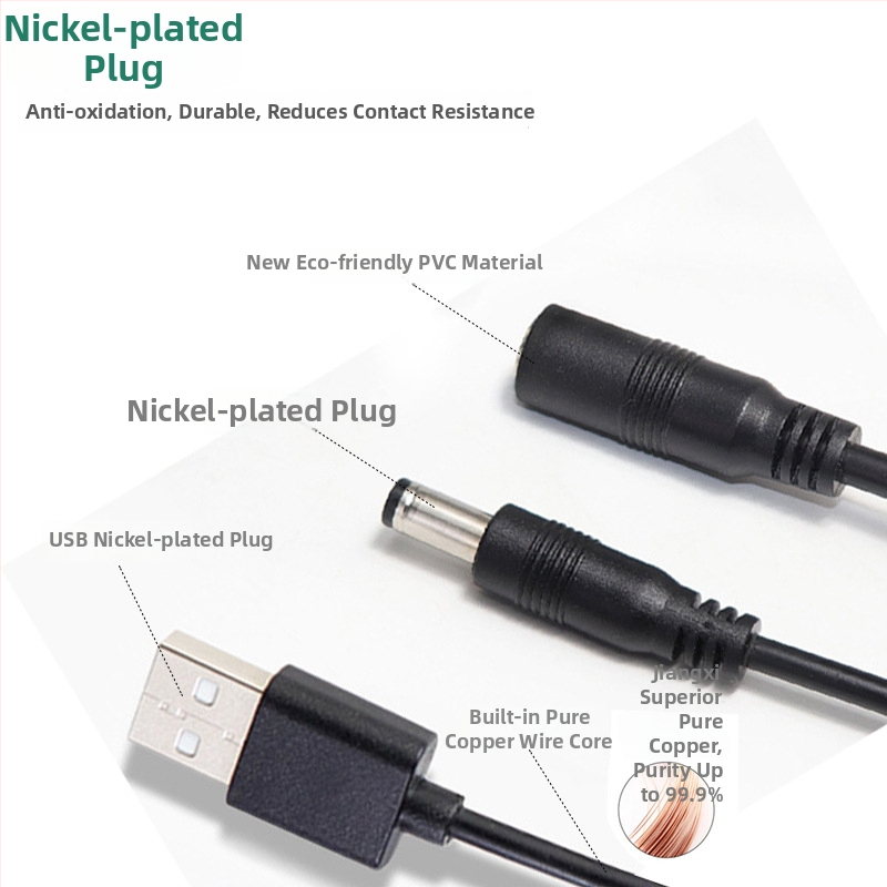 USB į DC maitintojo kabelį, padalintas 1-to-2 su DC5525/21 jungtimis, skirtas kompiuterių įrangai (Prekės ženklas Ling zhifeng; PVC korpusas; Rohs sertifikuotas; 3C sertifikatas 2022010105513446; Skirta kompiuterių įrangai)