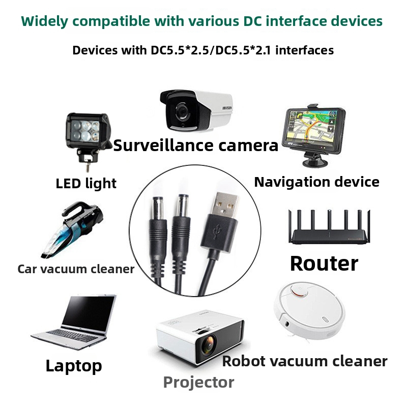 USB į DC maitintojo kabelį, padalintas 1-to-2 su DC5525/21 jungtimis, skirtas kompiuterių įrangai (Prekės ženklas Ling zhifeng; PVC korpusas; Rohs sertifikuotas; 3C sertifikatas 2022010105513446; Skirta kompiuterių įrangai)
