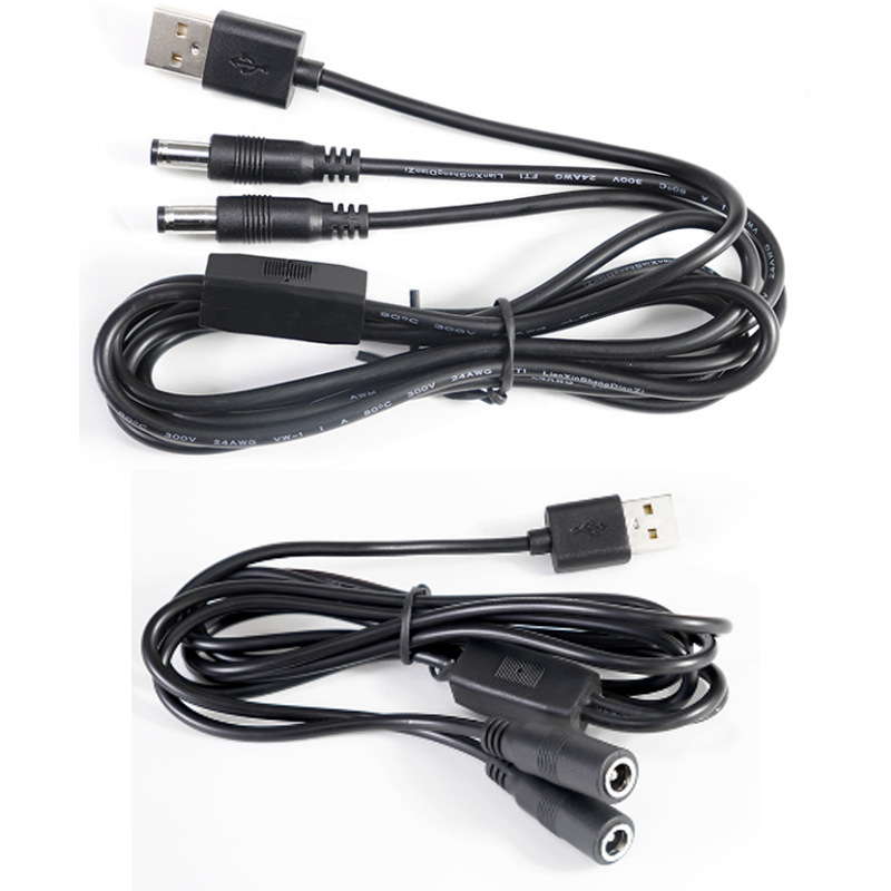 USB į DC maitintojo kabelį, padalintas 1-to-2 su DC5525/21 jungtimis, skirtas kompiuterių įrangai (Prekės ženklas Ling zhifeng; PVC korpusas; Rohs sertifikuotas; 3C sertifikatas 2022010105513446; Skirta kompiuterių įrangai)
