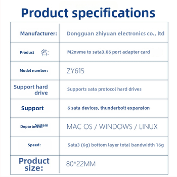 M.2 M-Key PCIe 3.0 uz SATA 6 ostām NAS paplašināšanai ar ASM1166 kontrolleri (Zy615)