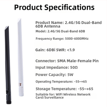 Čepeľová anténa, dvojpásmová 5–6 GHz, zisk 6 dBi, SMA vnútorný závit, skladací dizajn
