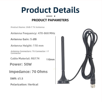 WEIHAN Prenosná DVB-T magnetická anténa s vákuovou podložkou pre TV a DVD – bezdrôtová TV anténa