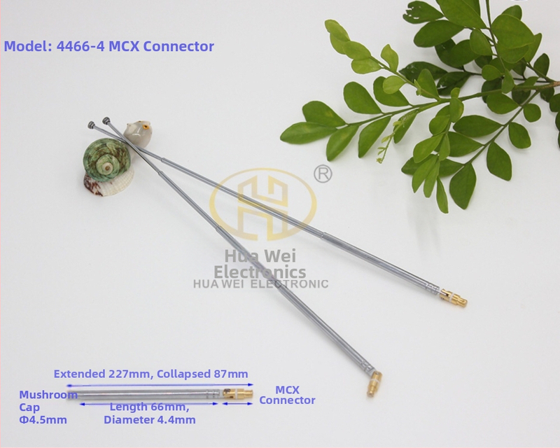 MCX teleskopiskā antena ar 4 sadaļām, rotējoša radiantenā, modelis 4466-4 MCX, savienotājs MCX vīrietis ar adatu, frekvences diapazons pilnais diapazons, pretestība pilnais diapazons, jauda pilnais diapazons