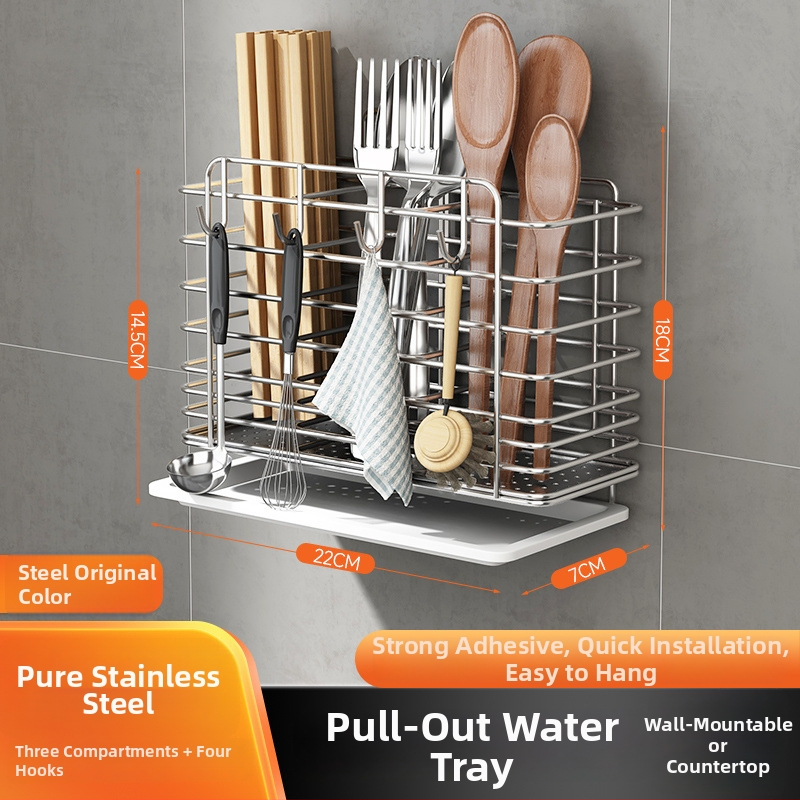 Rozsdamentes acélból készült falra szerelhető konyhai eszköztartó – pálcikákhoz, késekhez és kanálokhoz, multifunkcionális