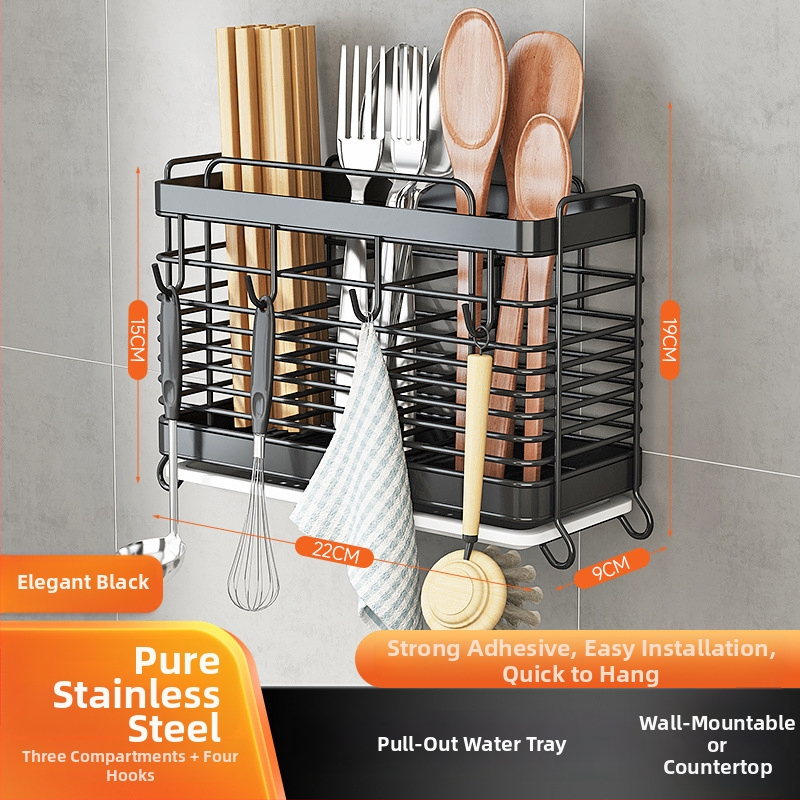 Rozsdamentes acélból készült falra szerelhető konyhai eszköztartó – pálcikákhoz, késekhez és kanálokhoz, multifunkcionális
