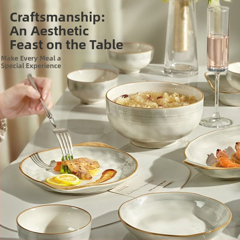 Porcelāna ēdiena plate ar apakšglazūras glazūru, minimālistisks gaišs luksusa stils, der mikroviļņu krāsnij