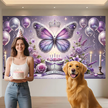Fundal de ziua de naștere cu motiv fluture, Material poliester, Stil 28905, Fundal pentru ziua de naștere, Accesorii pentru amenajarea spațiului