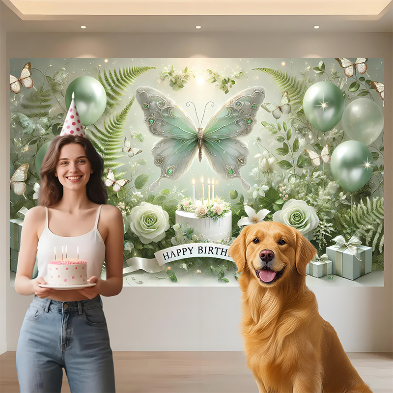 Fundal de ziua de naștere cu motiv fluture, Material poliester, Stil 28905, Fundal pentru ziua de naștere, Accesorii pentru amenajarea spațiului