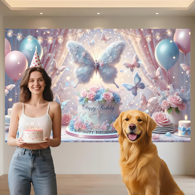 Fundal de ziua de naștere cu motiv fluture, Material poliester, Stil 28905, Fundal pentru ziua de naștere, Accesorii pentru amenajarea spațiului