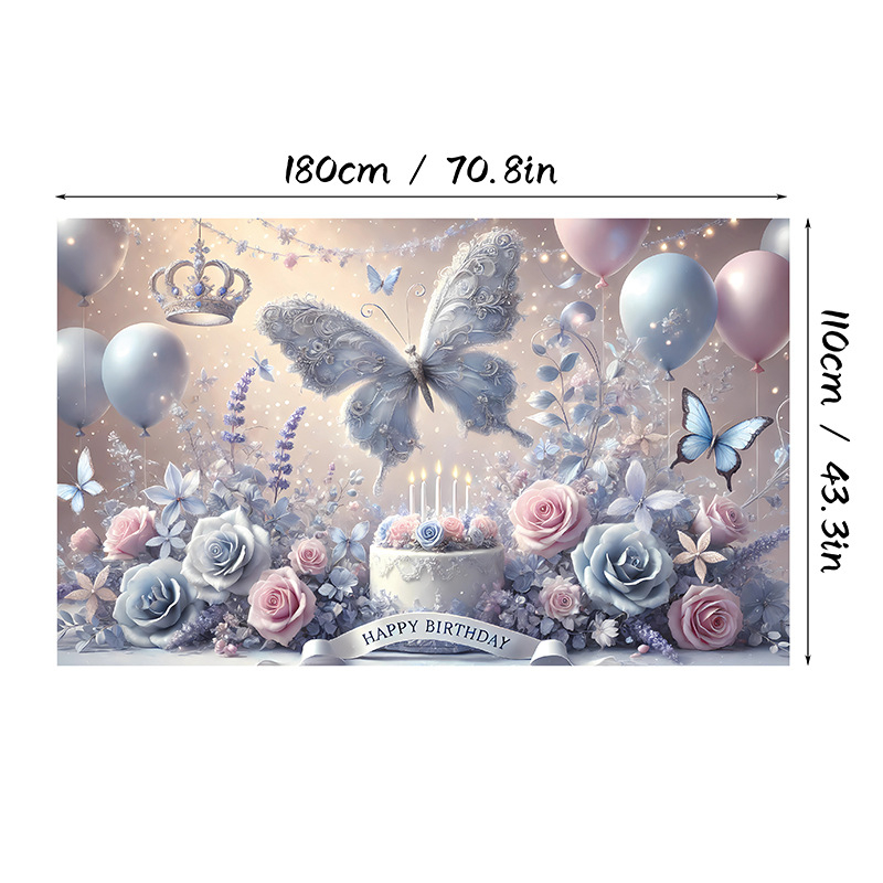 Fundal de ziua de naștere cu motiv fluture, Material poliester, Stil 28905, Fundal pentru ziua de naștere, Accesorii pentru amenajarea spațiului