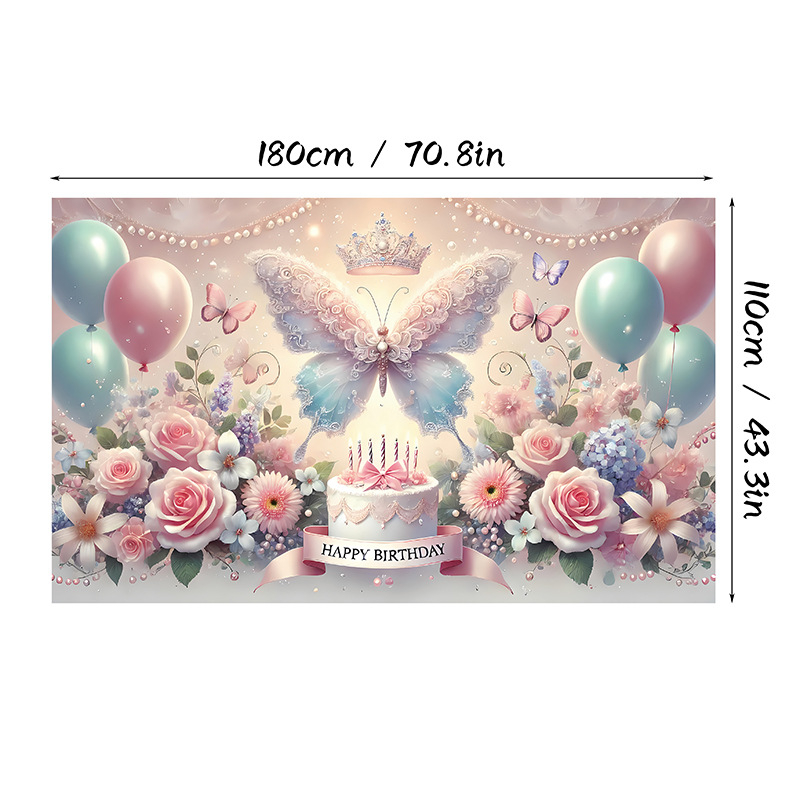 Fundal de ziua de naștere cu motiv fluture, Material poliester, Stil 28905, Fundal pentru ziua de naștere, Accesorii pentru amenajarea spațiului