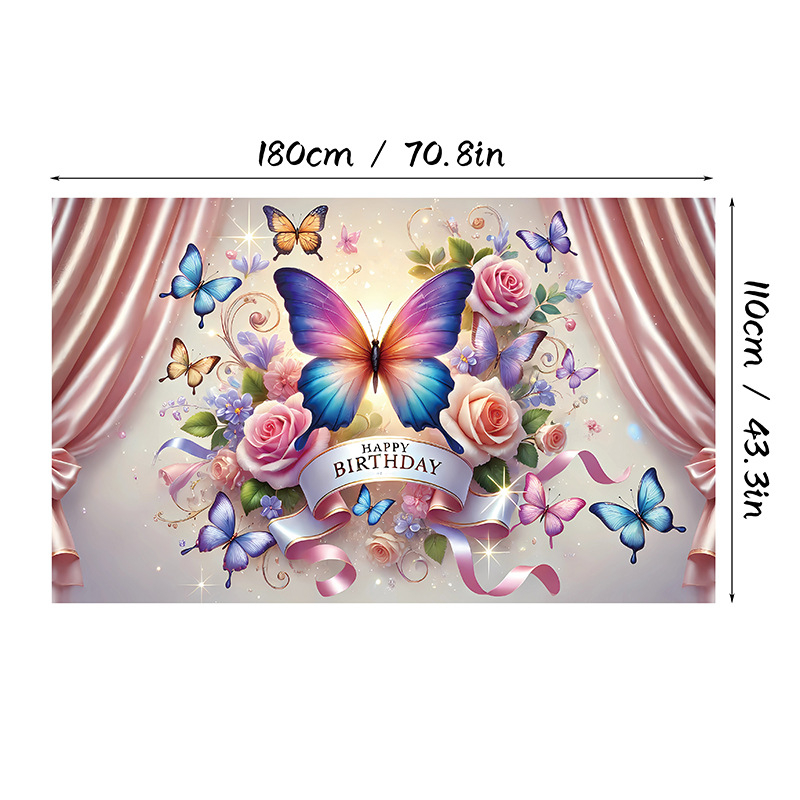Fundal de ziua de naștere cu motiv fluture, Material poliester, Stil 28905, Fundal pentru ziua de naștere, Accesorii pentru amenajarea spațiului