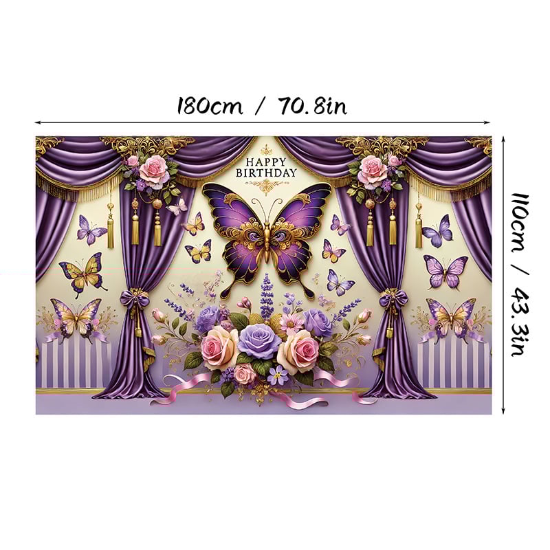 Fundal de ziua de naștere cu motiv fluture, Material poliester, Stil 28905, Fundal pentru ziua de naștere, Accesorii pentru amenajarea spațiului