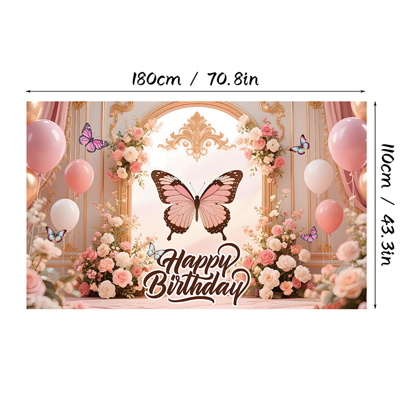 Fundal de ziua de naștere cu motiv fluture, Material poliester, Stil 28905, Fundal pentru ziua de naștere, Accesorii pentru amenajarea spațiului