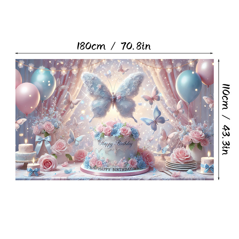 Fundal de ziua de naștere cu motiv fluture, Material poliester, Stil 28905, Fundal pentru ziua de naștere, Accesorii pentru amenajarea spațiului
