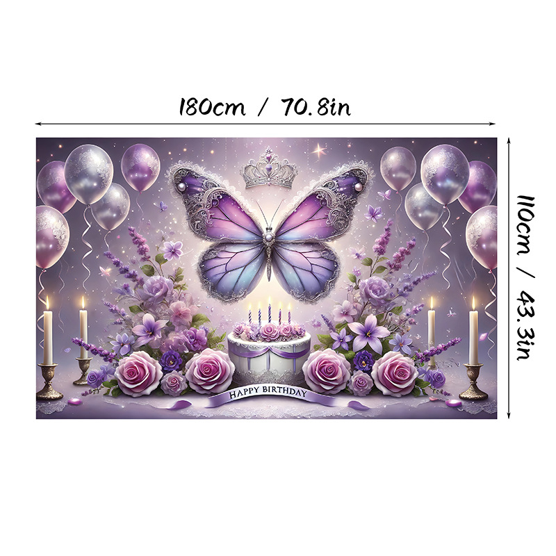 Fundal de ziua de naștere cu motiv fluture, Material poliester, Stil 28905, Fundal pentru ziua de naștere, Accesorii pentru amenajarea spațiului