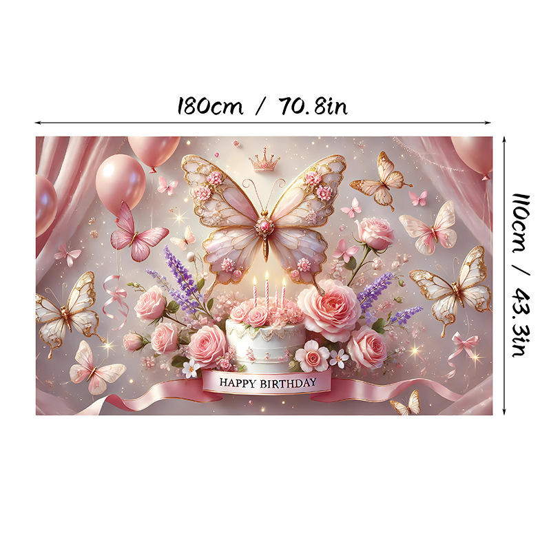 Fundal de ziua de naștere cu motiv fluture, Material poliester, Stil 28905, Fundal pentru ziua de naștere, Accesorii pentru amenajarea spațiului