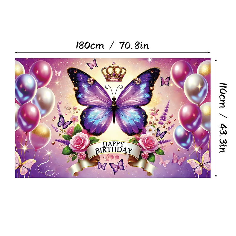 Fundal de ziua de naștere cu motiv fluture, Material poliester, Stil 28905, Fundal pentru ziua de naștere, Accesorii pentru amenajarea spațiului