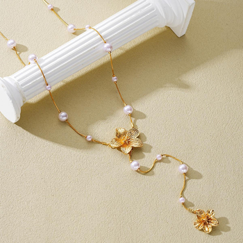 Colier cu pandantiv floare, lanț din mărgele din aliaj de zinc, placat electroplată