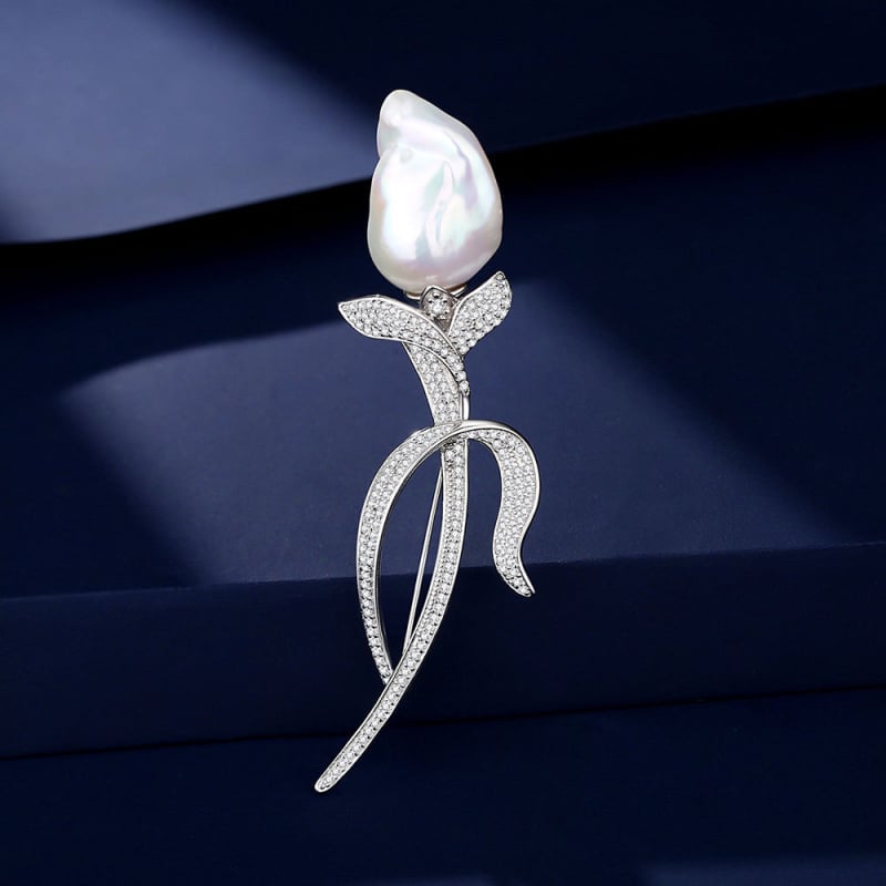 Μπαρόκ καρφίτσα με μαργαριτάρι σε σχήμα τουλίπας, 925 ασήμι, Van Ruowei, ηλεκτροπλατιωμένο, προέλευση Yangzhou