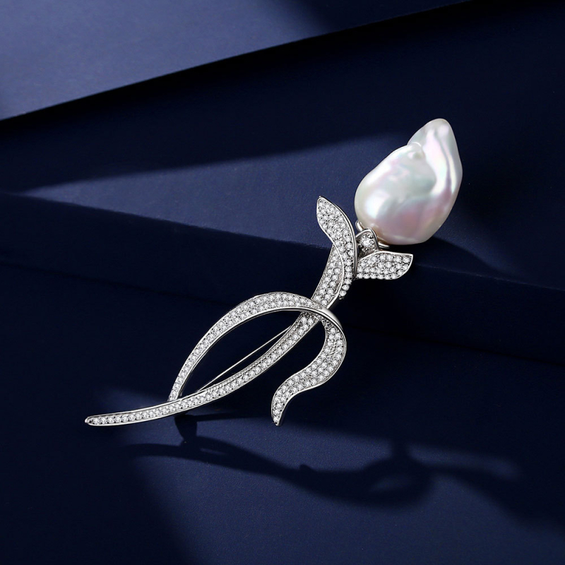 Μπαρόκ καρφίτσα με μαργαριτάρι σε σχήμα τουλίπας, 925 ασήμι, Van Ruowei, ηλεκτροπλατιωμένο, προέλευση Yangzhou