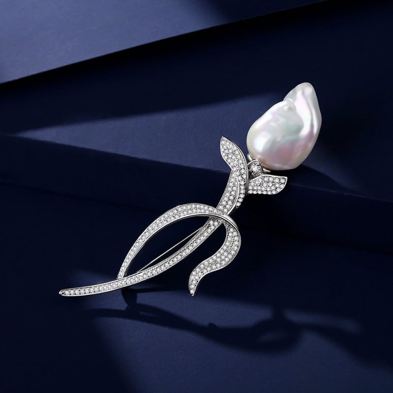 Μπαρόκ καρφίτσα με μαργαριτάρι σε σχήμα τουλίπας, 925 ασήμι, Van Ruowei, ηλεκτροπλατιωμένο, προέλευση Yangzhou