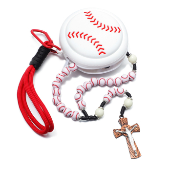Colier din mărgele cu cruce – rozariu, seria sport baschet și baseball, unisex, 51–60 cm, pandant din aliaj, lanț nodat