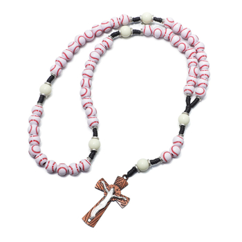 Colier din mărgele cu cruce – rozariu, seria sport baschet și baseball, unisex, 51–60 cm, pandant din aliaj, lanț nodat