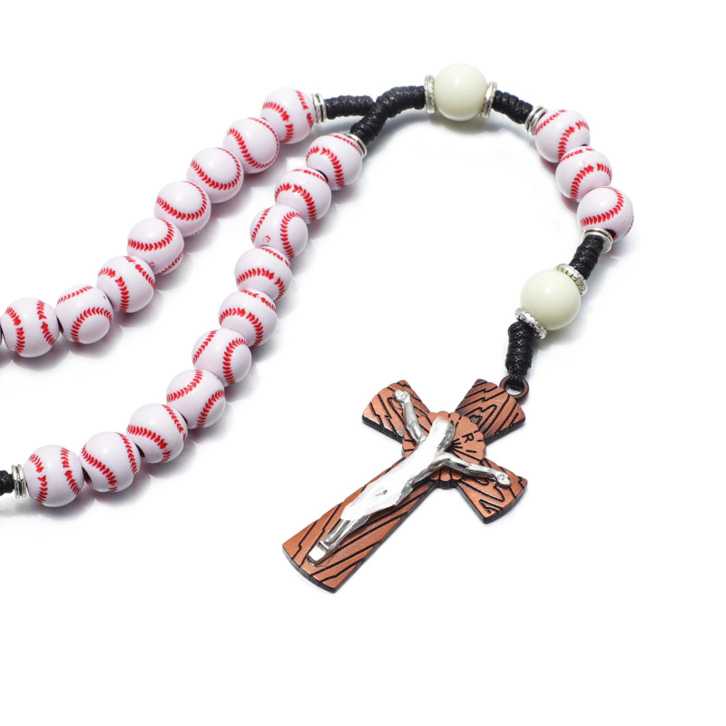 Colier din mărgele cu cruce – rozariu, seria sport baschet și baseball, unisex, 51–60 cm, pandant din aliaj, lanț nodat