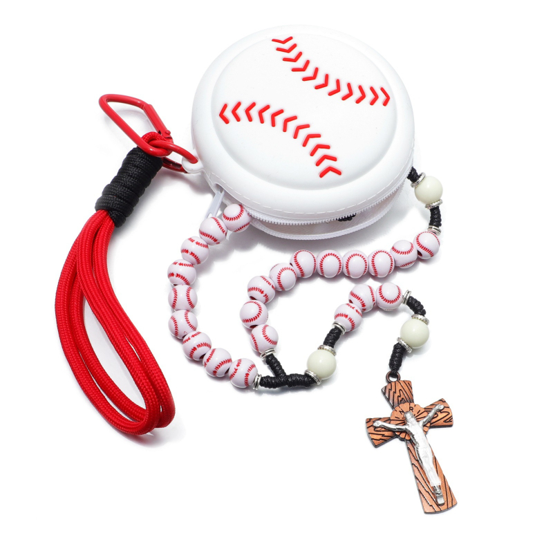 Colier din mărgele cu cruce – rozariu, seria sport baschet și baseball, unisex, 51–60 cm, pandant din aliaj, lanț nodat