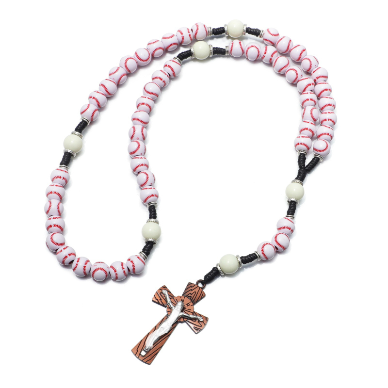 Colier din mărgele cu cruce – rozariu, seria sport baschet și baseball, unisex, 51–60 cm, pandant din aliaj, lanț nodat