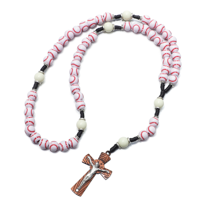 Colier din mărgele cu cruce – rozariu, seria sport baschet și baseball, unisex, 51–60 cm, pandant din aliaj, lanț nodat