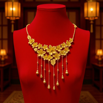 Colier — cupru, electroplatare, pandantiv în formă de floare, lanț clavicular, lungime 41–50 cm