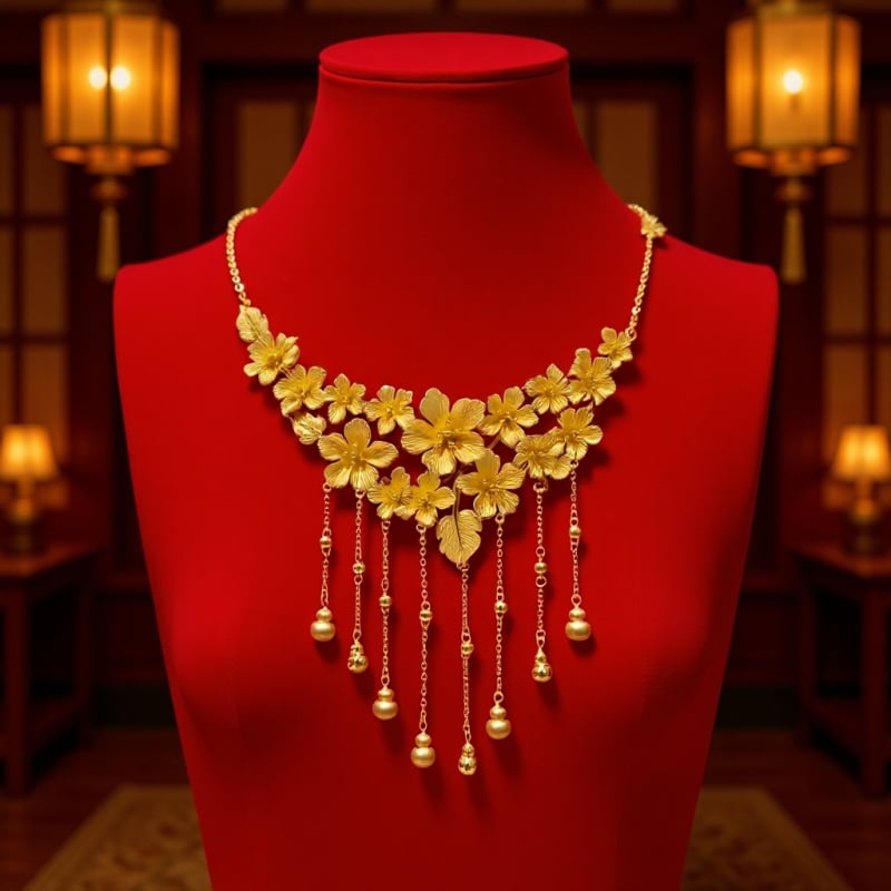 Colier — cupru, electroplatare, pandantiv în formă de floare, lanț clavicular, lungime 41–50 cm