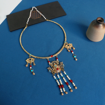 Κολιέ vintage σε χρώμα κράμα με φούντες, γεωμετρικός σχεδιασμός Hanfu, αλυσίδα με μπίλιες, 100 g, κυκλοφορία φθινοπωρίου 2024, για γυναίκες