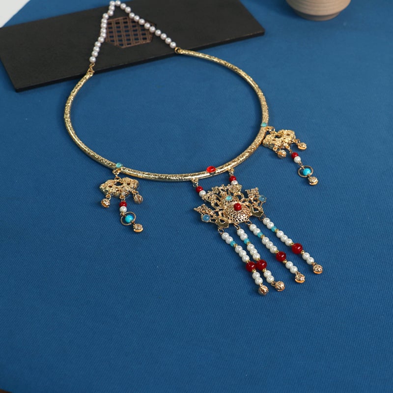 Κολιέ vintage σε χρώμα κράμα με φούντες, γεωμετρικός σχεδιασμός Hanfu, αλυσίδα με μπίλιες, 100 g, κυκλοφορία φθινοπωρίου 2024, για γυναίκες