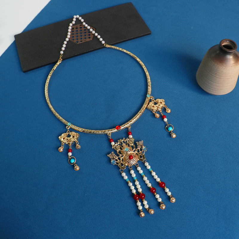 Κολιέ vintage σε χρώμα κράμα με φούντες, γεωμετρικός σχεδιασμός Hanfu, αλυσίδα με μπίλιες, 100 g, κυκλοφορία φθινοπωρίου 2024, για γυναίκες