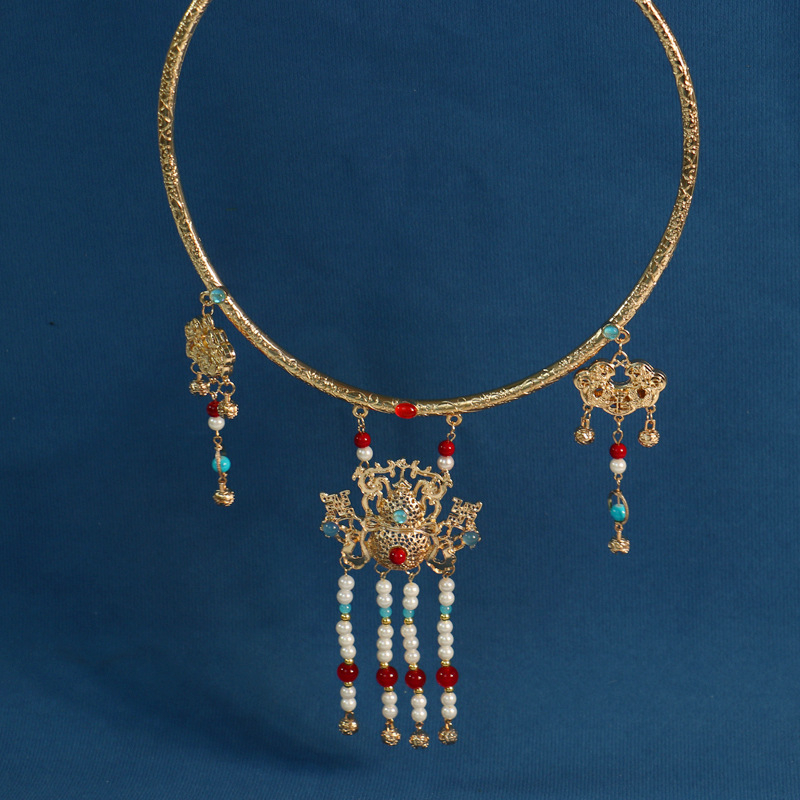 Κολιέ vintage σε χρώμα κράμα με φούντες, γεωμετρικός σχεδιασμός Hanfu, αλυσίδα με μπίλιες, 100 g, κυκλοφορία φθινοπωρίου 2024, για γυναίκες