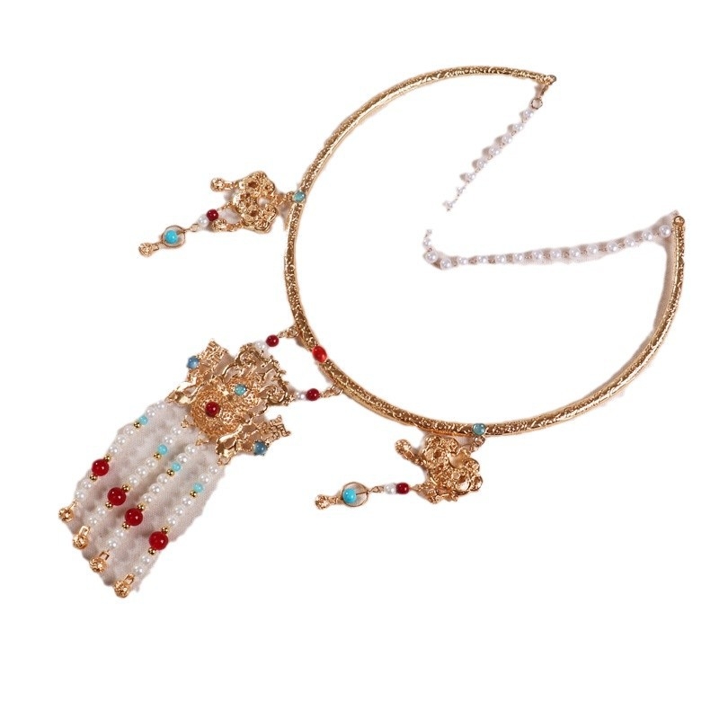 Κολιέ vintage σε χρώμα κράμα με φούντες, γεωμετρικός σχεδιασμός Hanfu, αλυσίδα με μπίλιες, 100 g, κυκλοφορία φθινοπωρίου 2024, για γυναίκες