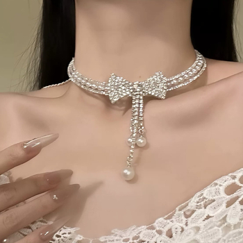 Τσόκερ κολιέ με σχέδιο φιόγκο και μαργαριταρένιο κρεμαστό, κανονική αλυσίδα, ανάμικτα υλικά