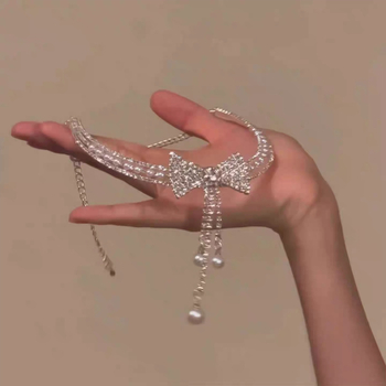 Τσόκερ κολιέ με σχέδιο φιόγκο και μαργαριταρένιο κρεμαστό, κανονική αλυσίδα, ανάμικτα υλικά