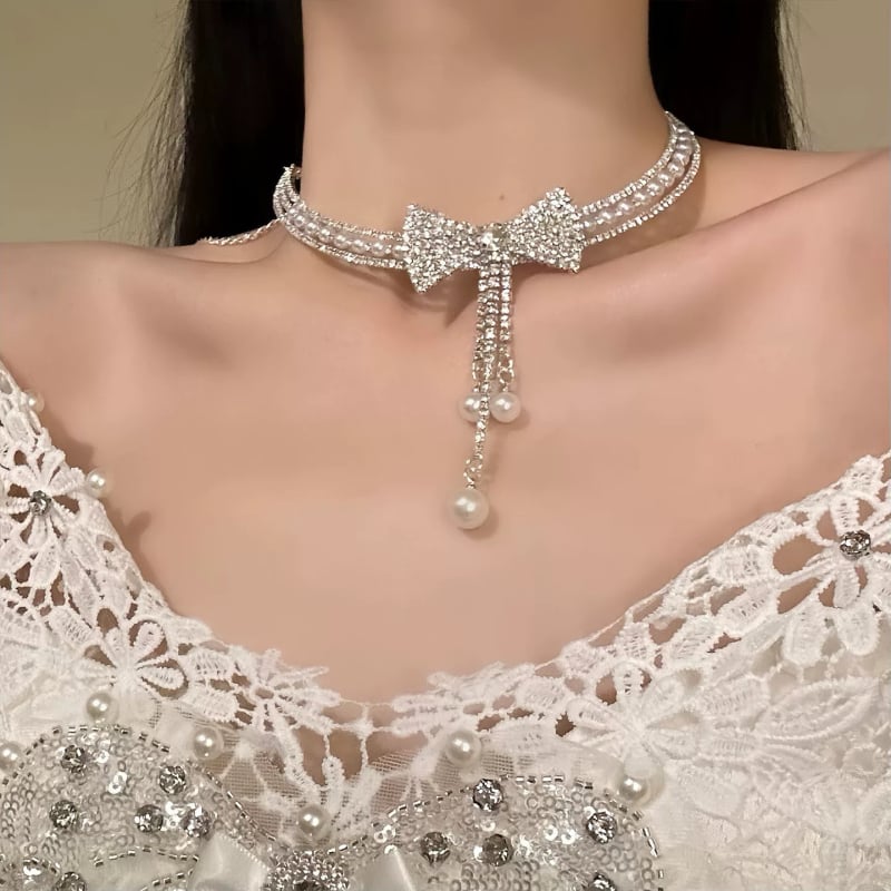 Τσόκερ κολιέ με σχέδιο φιόγκο και μαργαριταρένιο κρεμαστό, κανονική αλυσίδα, ανάμικτα υλικά