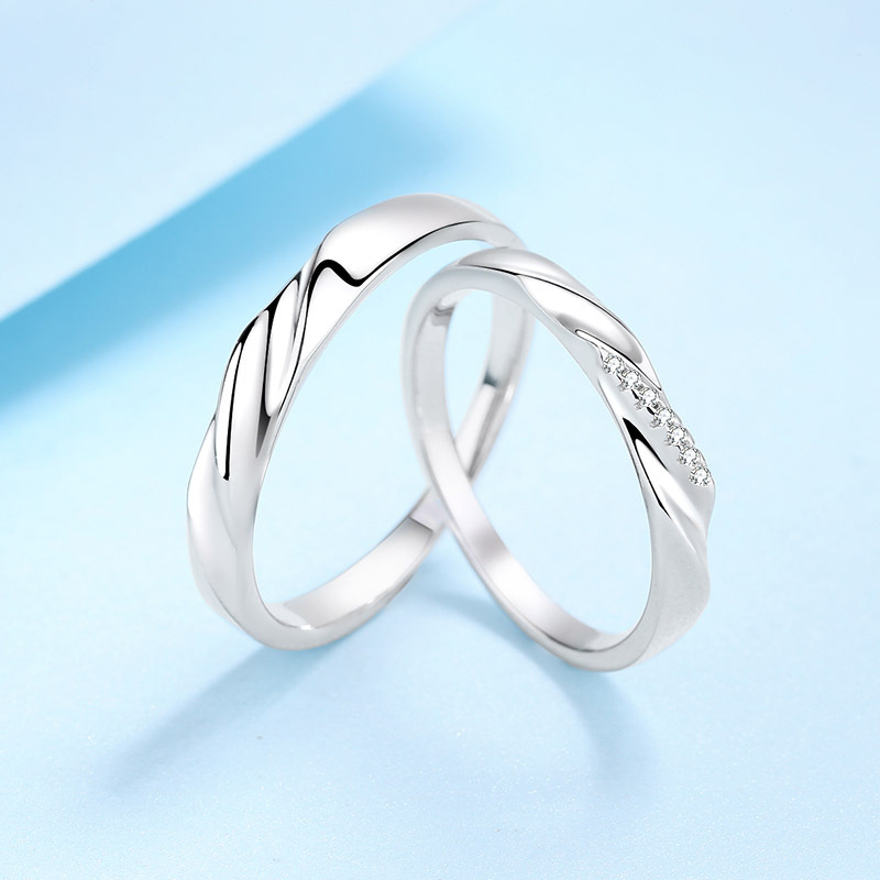 Inel din argint 925, Moissanit, Design Möbius, set pentru cuplu, finisaj electroplacare
