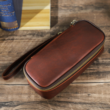 Многофункционална чанта за лула с цип, винтидж Crazy Horse кожа, кожена лента за китката – истинска кожа за съхранение на аксесоари за пушене