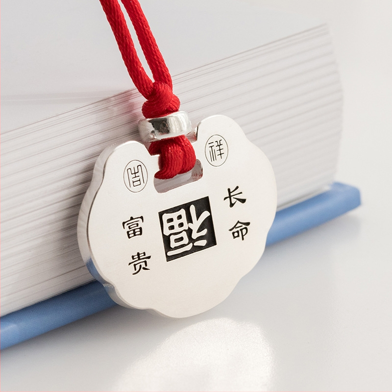 Náhrdelník pre deti zo striebra s gravírovaným kľúčom dlhovekosti, geometrický príves, 999 čisté striebro